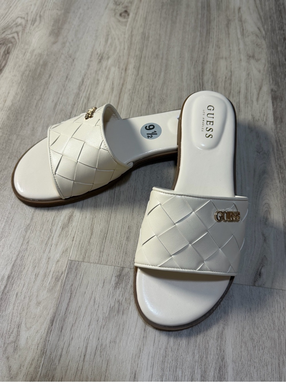 GUESS Cream Woven Slide Sandals with Gold Logo